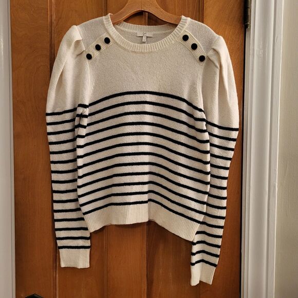 Joie Ruthine Sweater, Breton Stripes, Puff Sleeves, Buttons, Crew Neck, Sz M - Picture 6 of 11